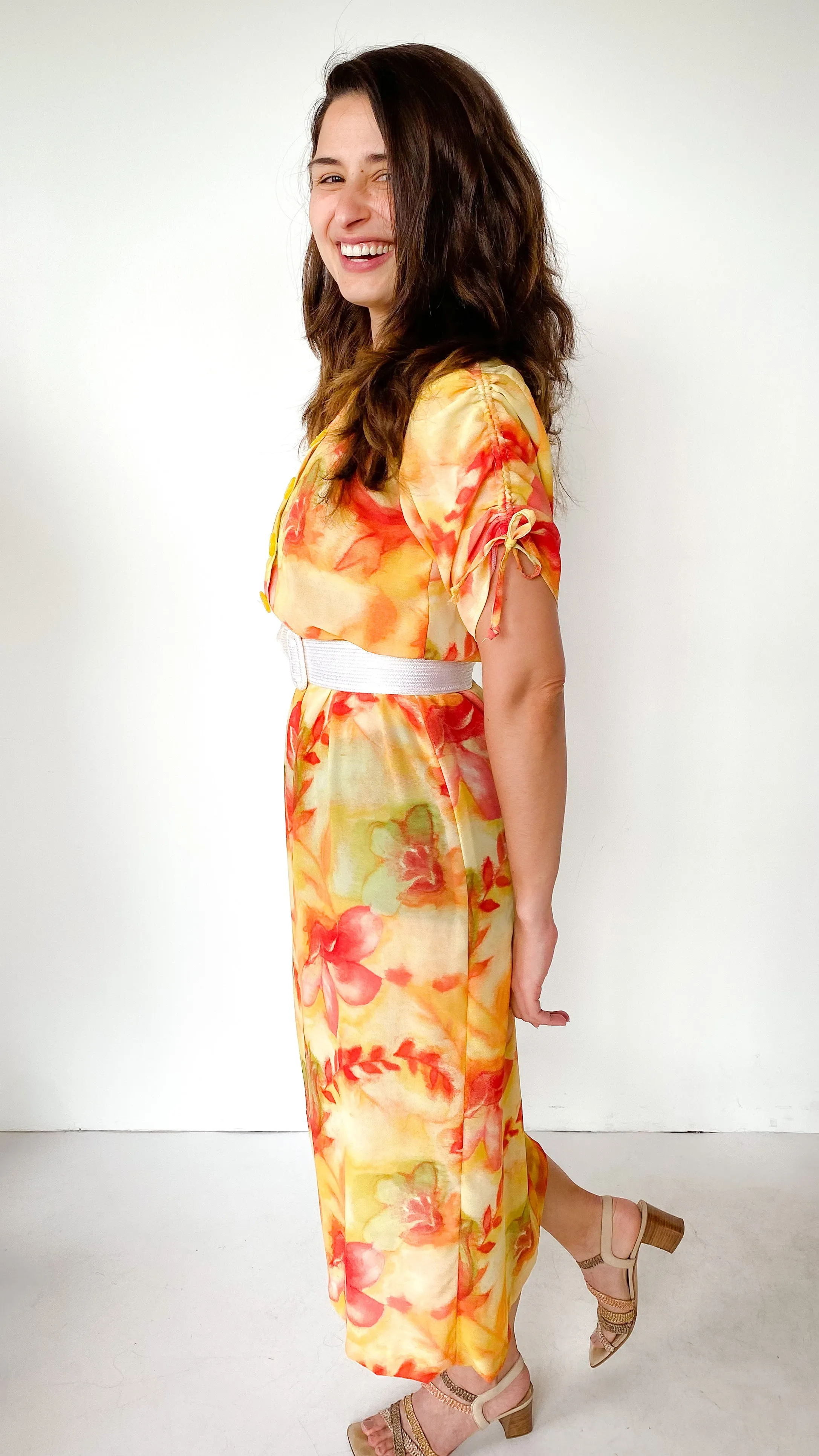 1980s Sun Kissed Floral Dress, sz. S