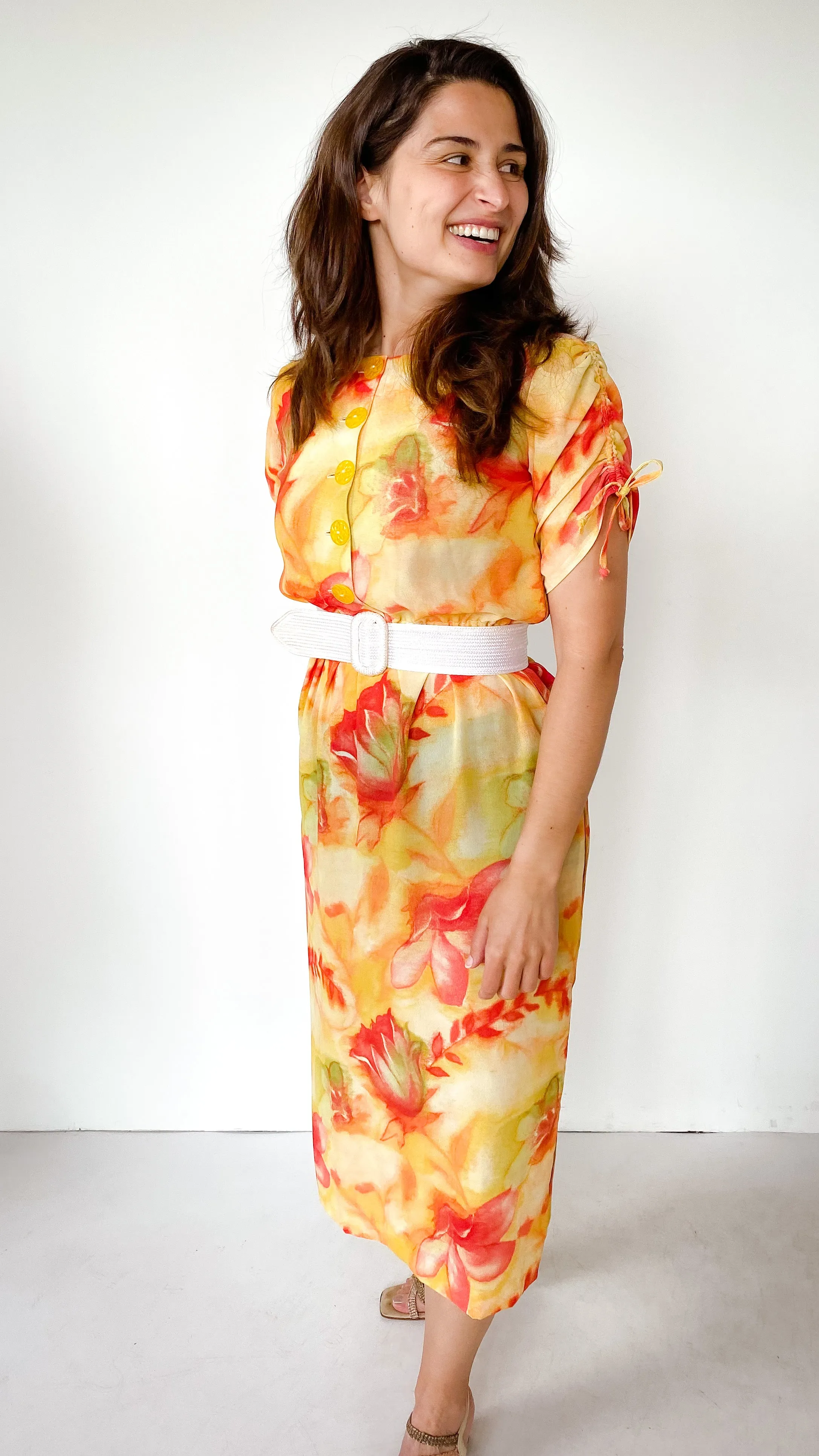 1980s Sun Kissed Floral Dress, sz. S