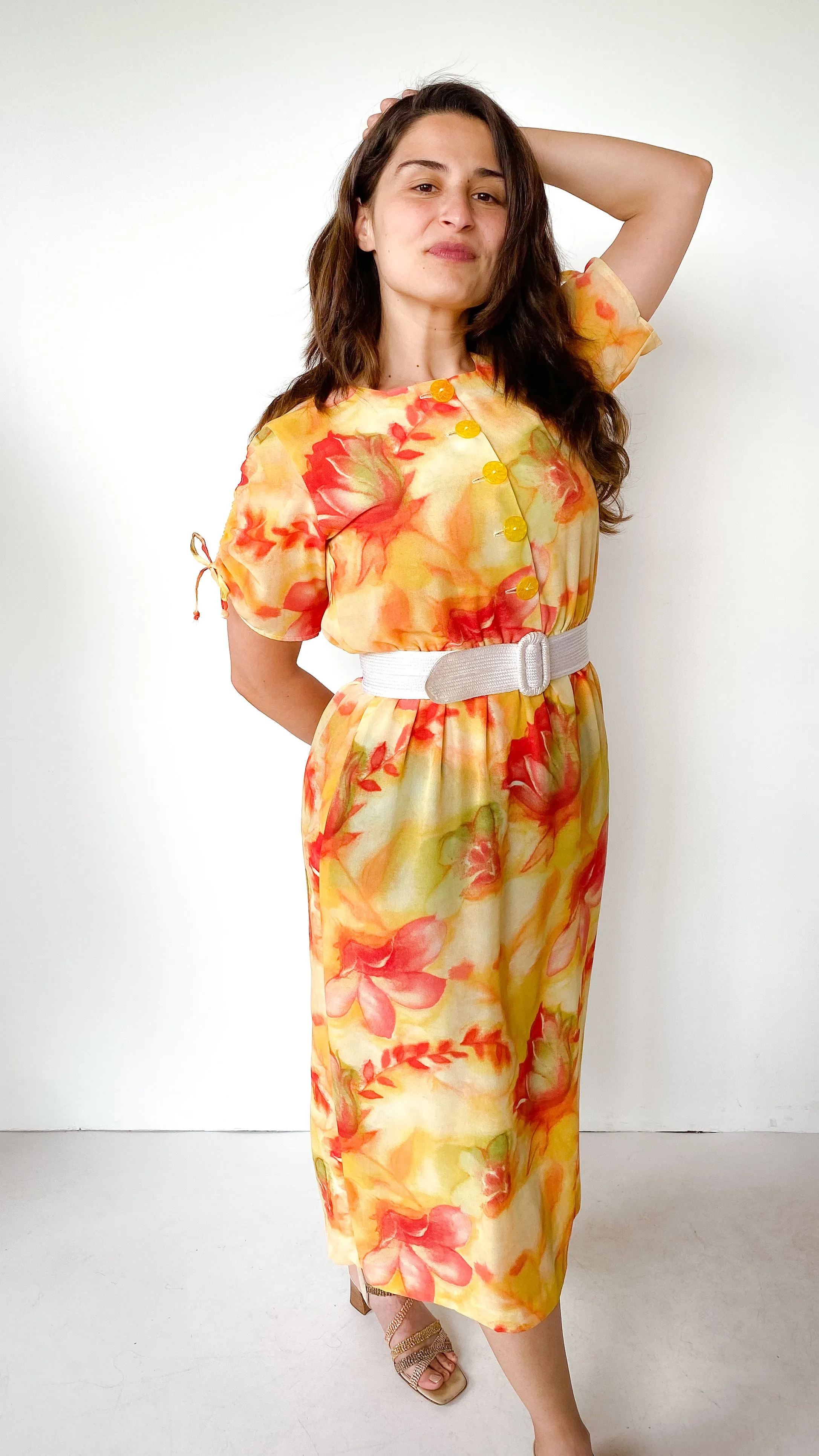 1980s Sun Kissed Floral Dress, sz. S