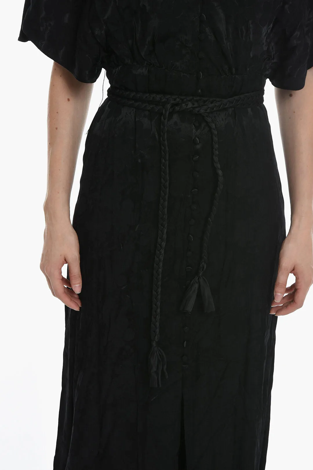 Alice   Olivia Jacquard Satin Floral Patterned Dress with Covered Buttons