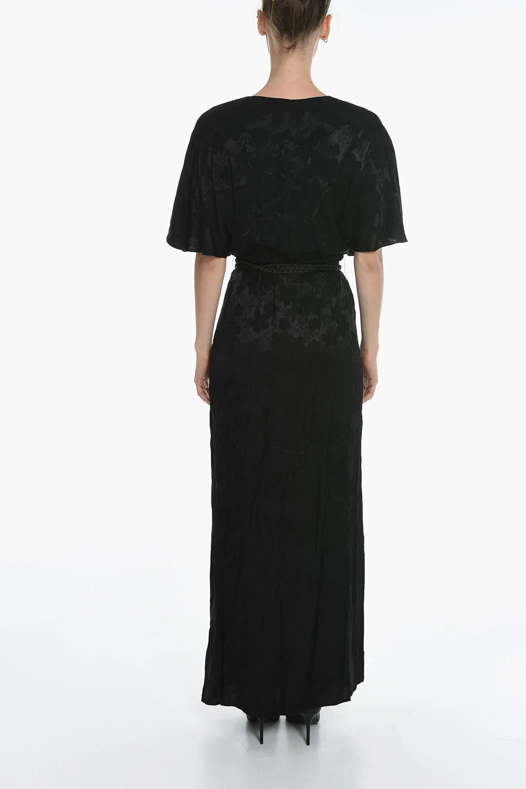 Alice   Olivia Jacquard Satin Floral Patterned Dress with Covered Buttons