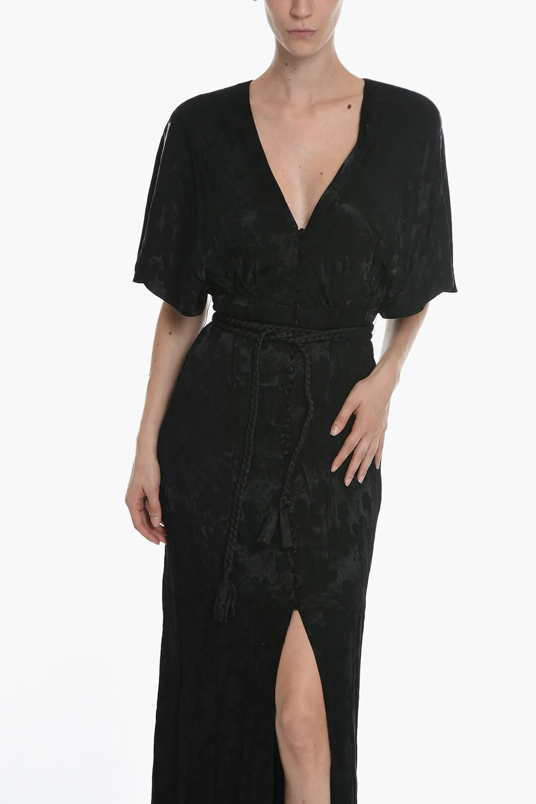 Alice   Olivia Jacquard Satin Floral Patterned Dress with Covered Buttons