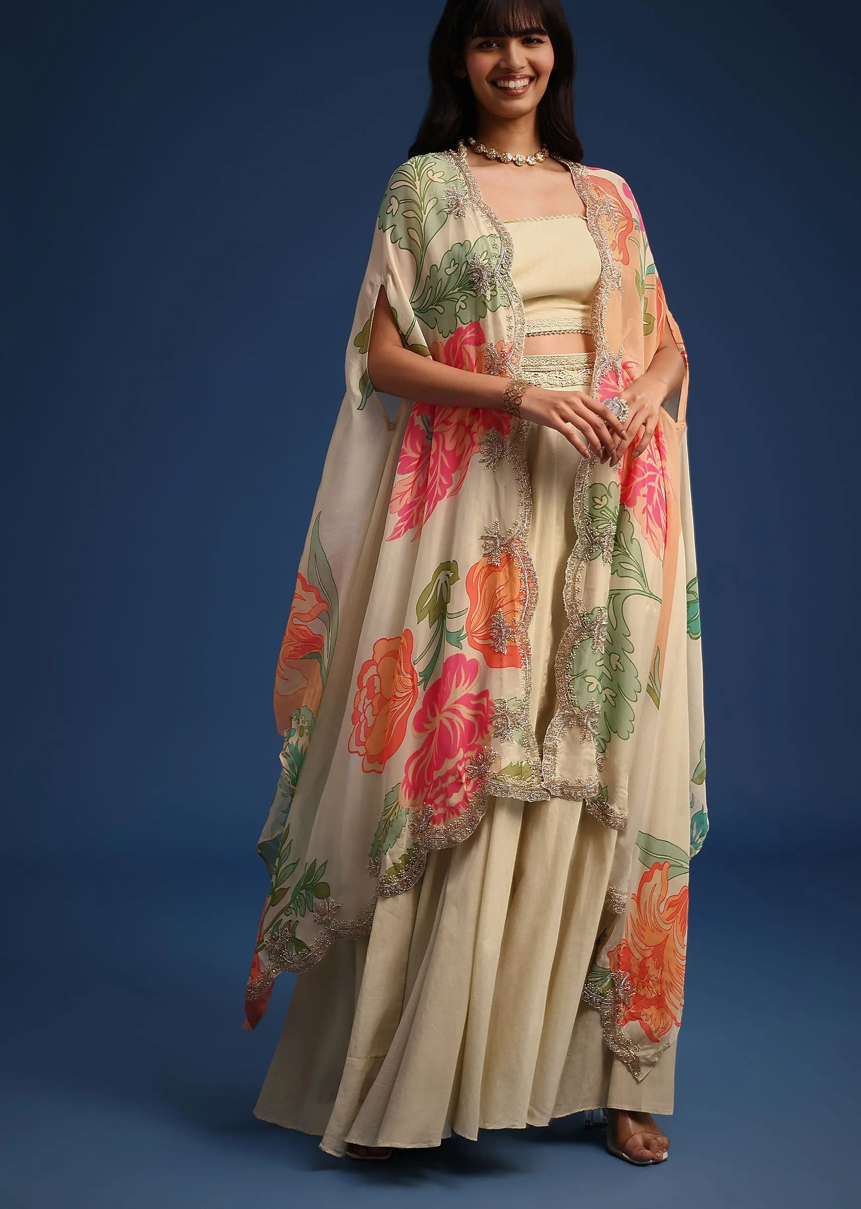 Beige Organza Floral Printed Jacket And Skirt Set