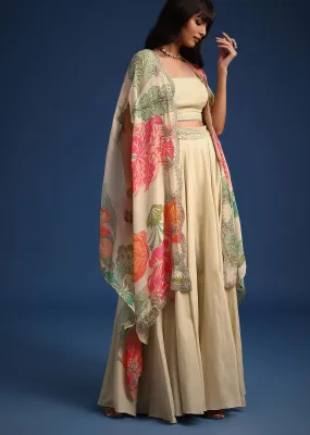 Beige Organza Floral Printed Jacket And Skirt Set