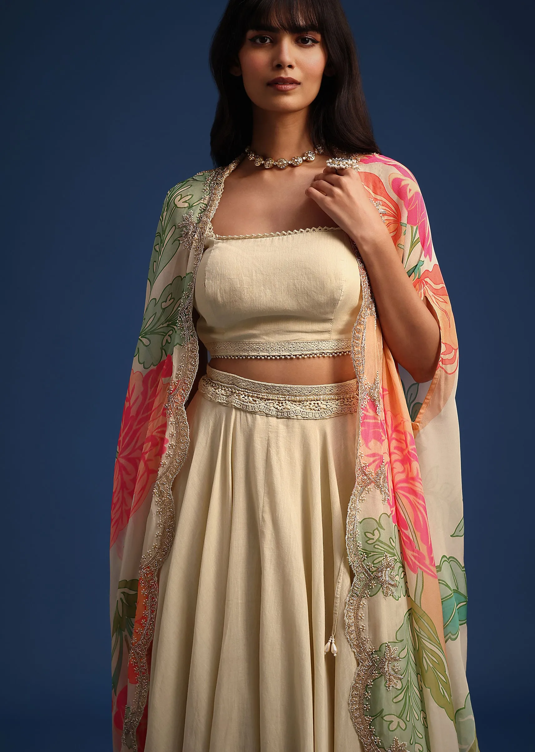Beige Organza Floral Printed Jacket And Skirt Set