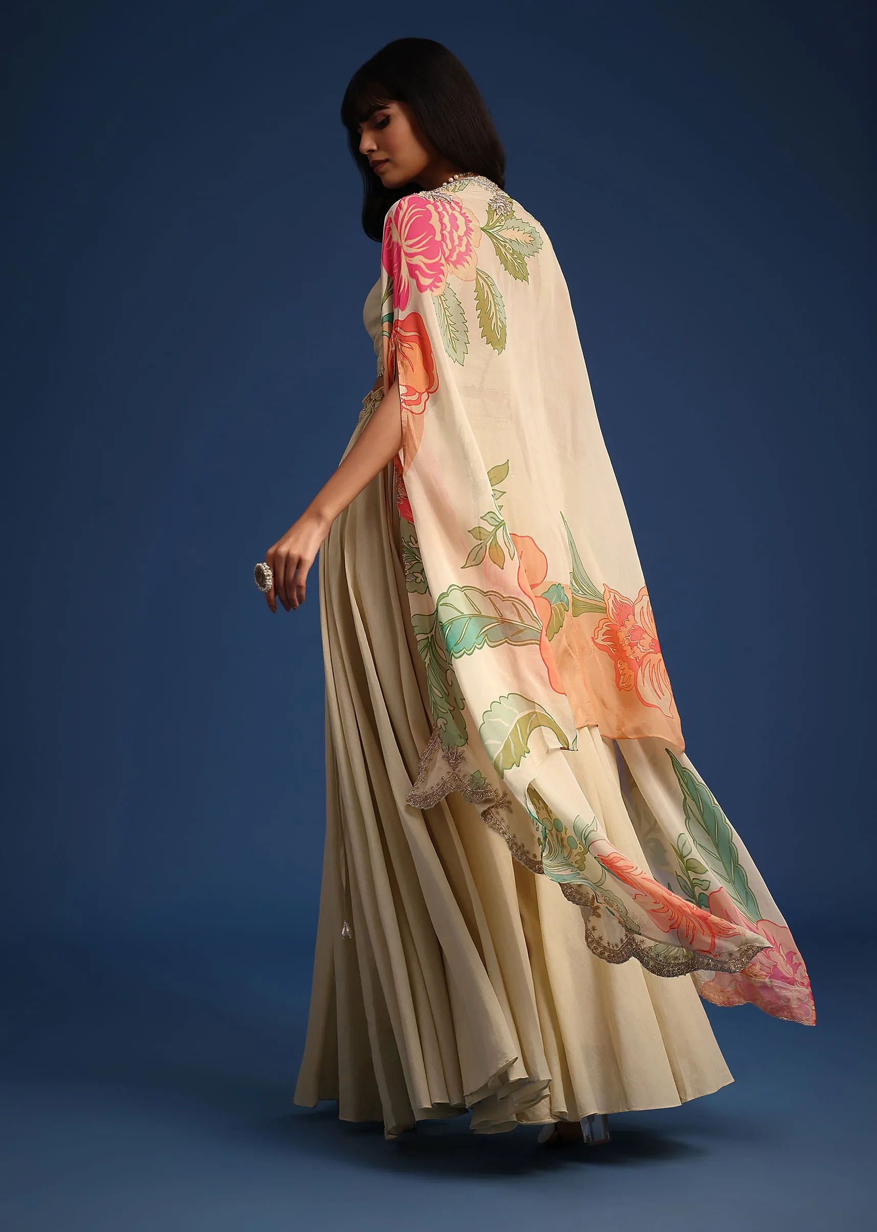 Beige Organza Floral Printed Jacket And Skirt Set