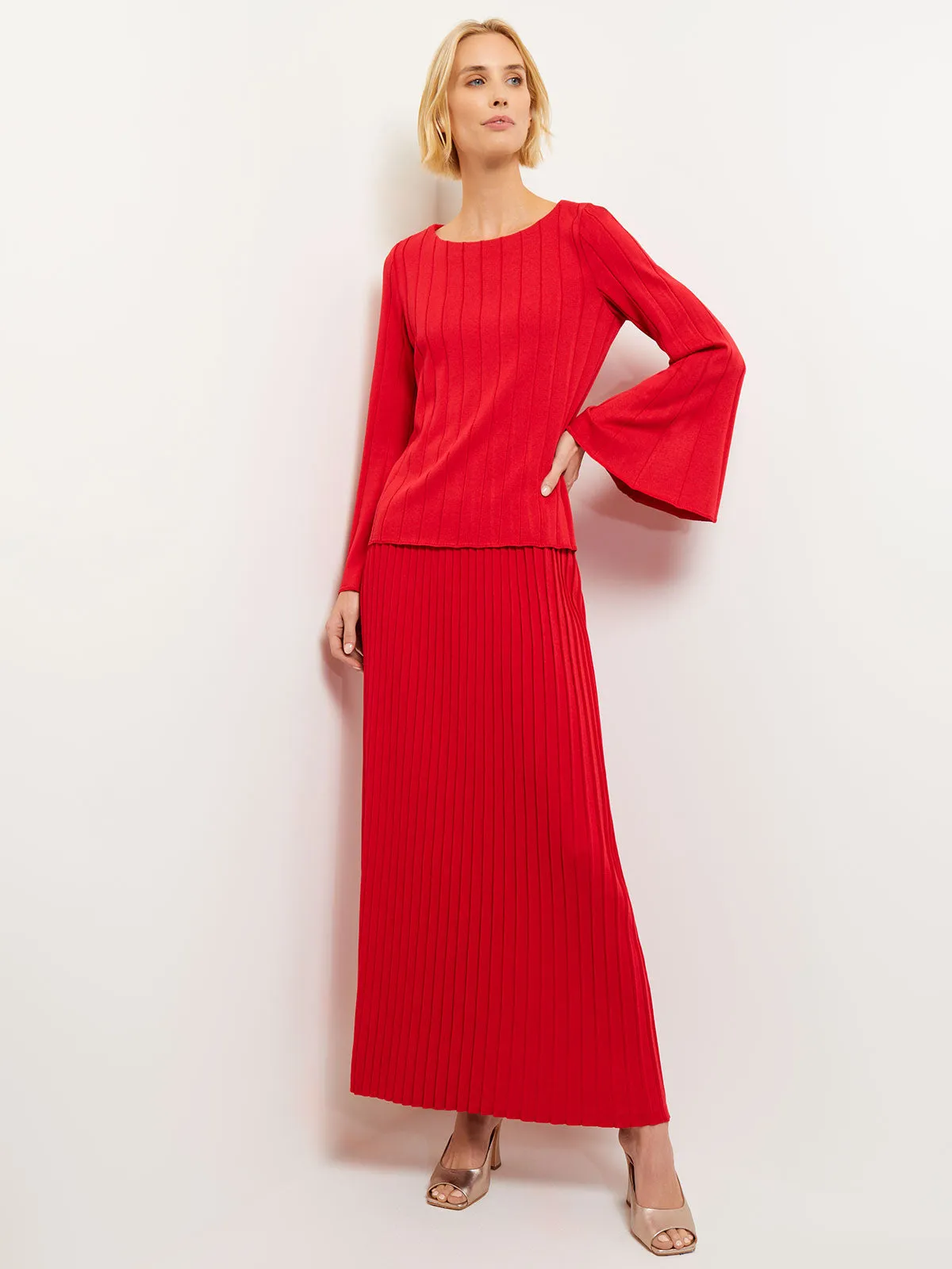 Bell Sleeve Ribbed Soft Knit Tunic, Sunset Red