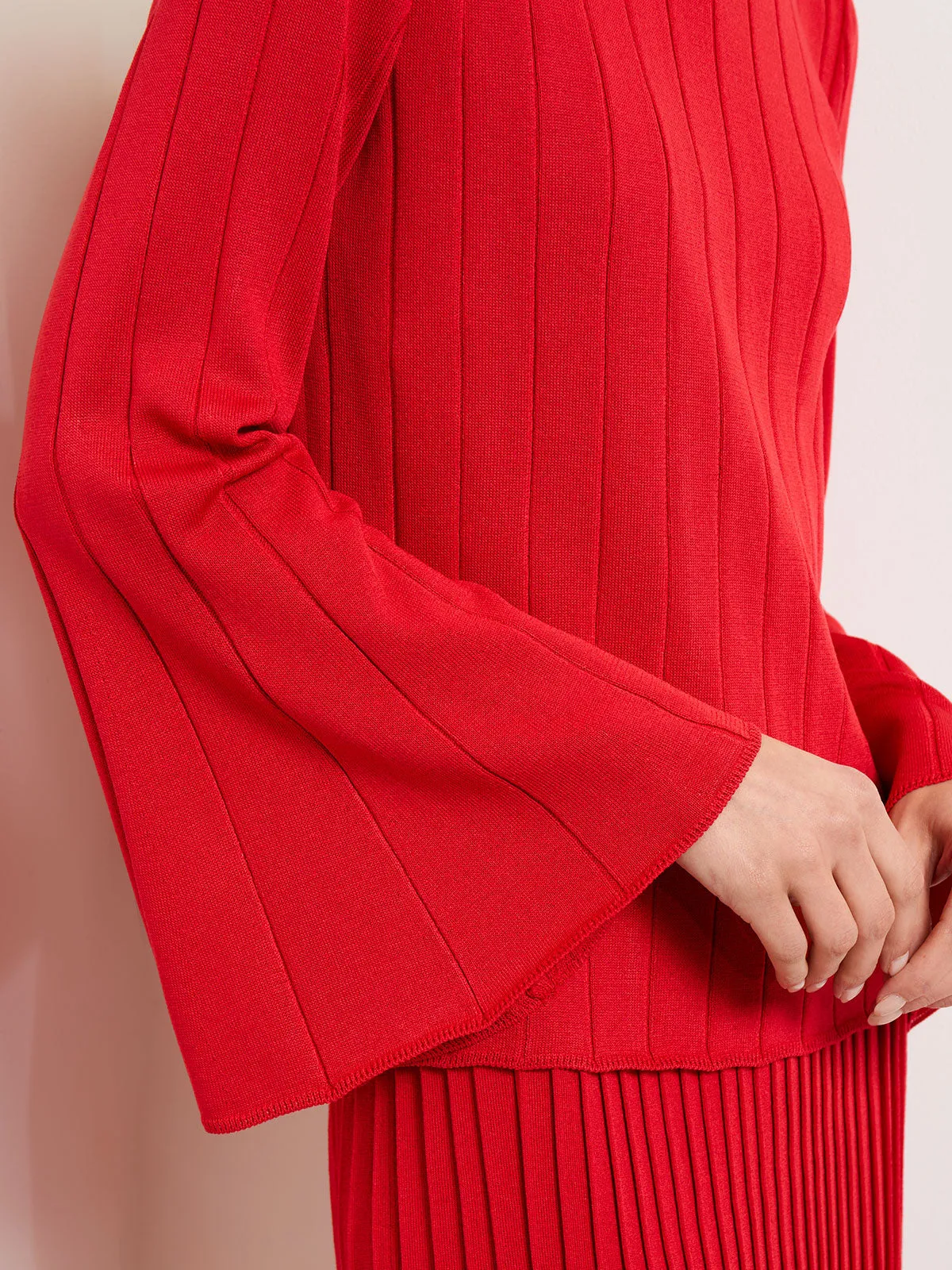 Bell Sleeve Ribbed Soft Knit Tunic, Sunset Red