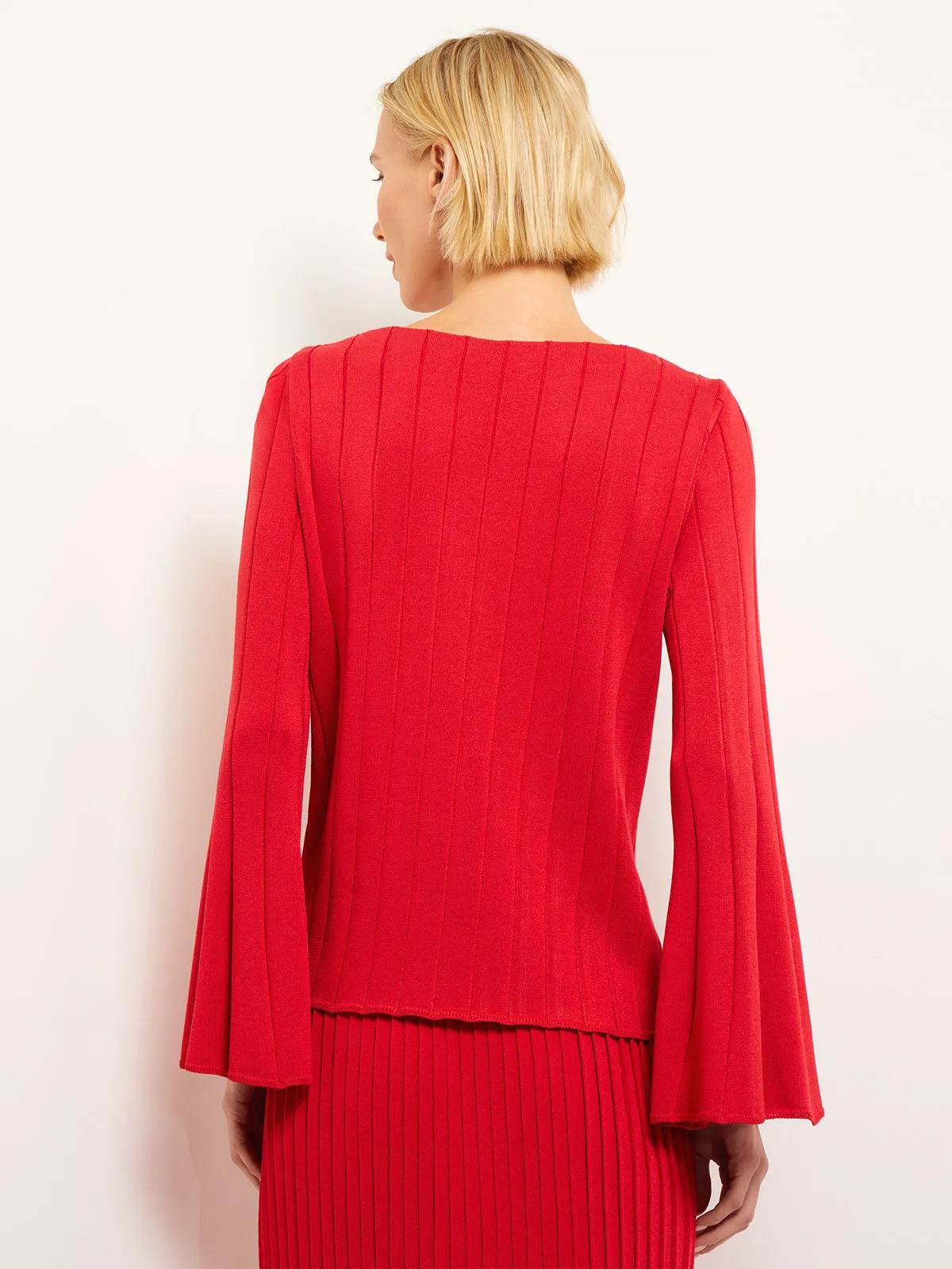 Bell Sleeve Ribbed Soft Knit Tunic, Sunset Red