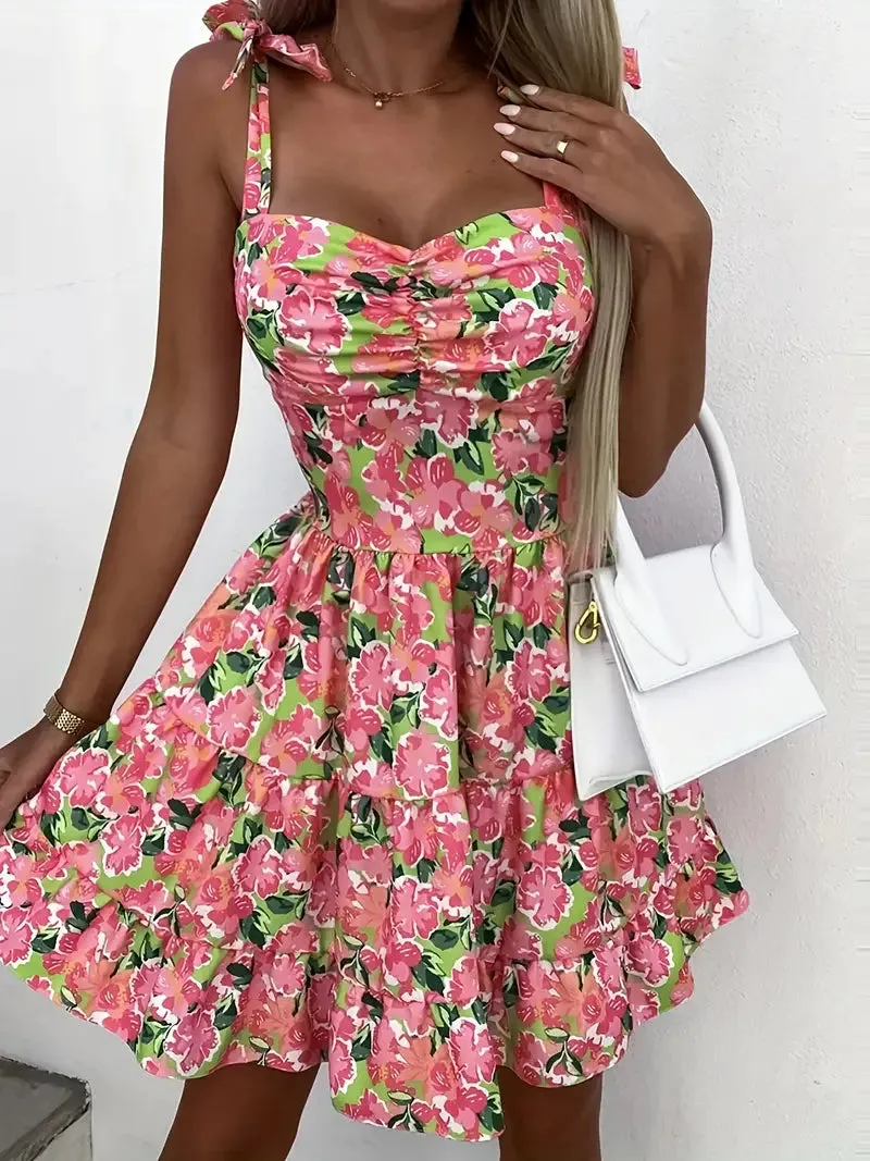 BerryBetty - Backless Spaghetti Floral Print Ruffle Hem Cami Dress