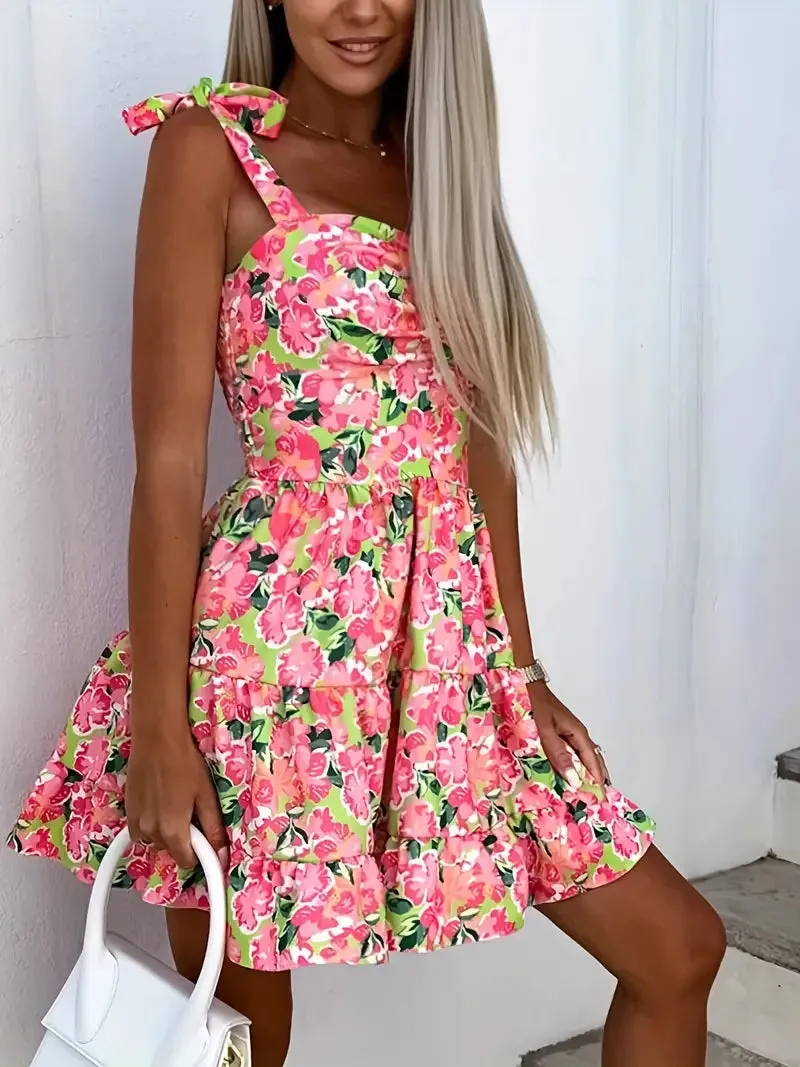 BerryBetty - Backless Spaghetti Floral Print Ruffle Hem Cami Dress