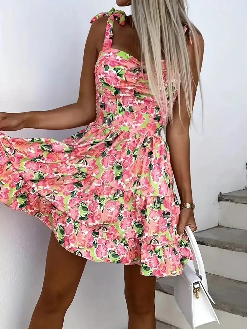 BerryBetty - Backless Spaghetti Floral Print Ruffle Hem Cami Dress