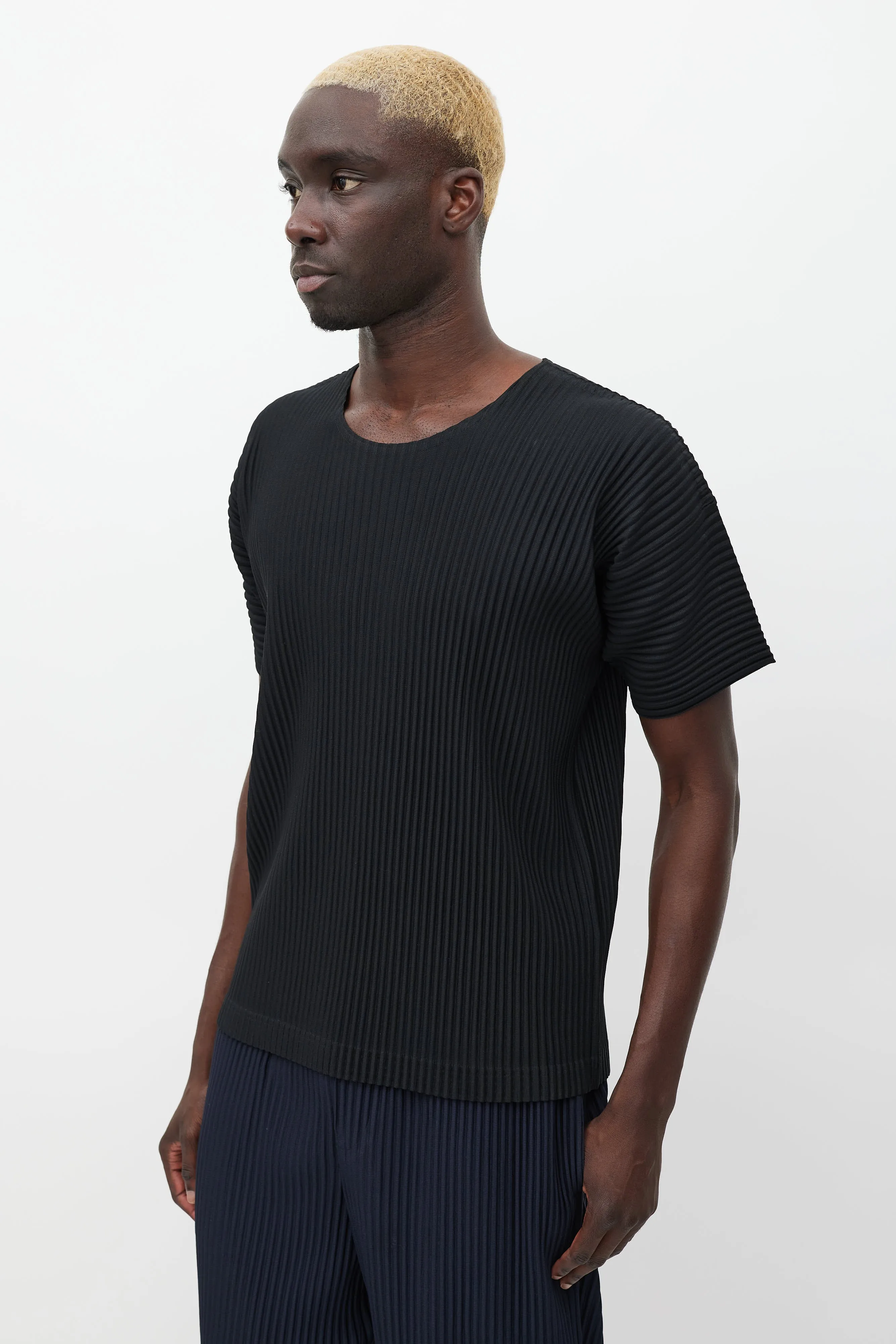 Black Pleated Crewneck T-Shirt