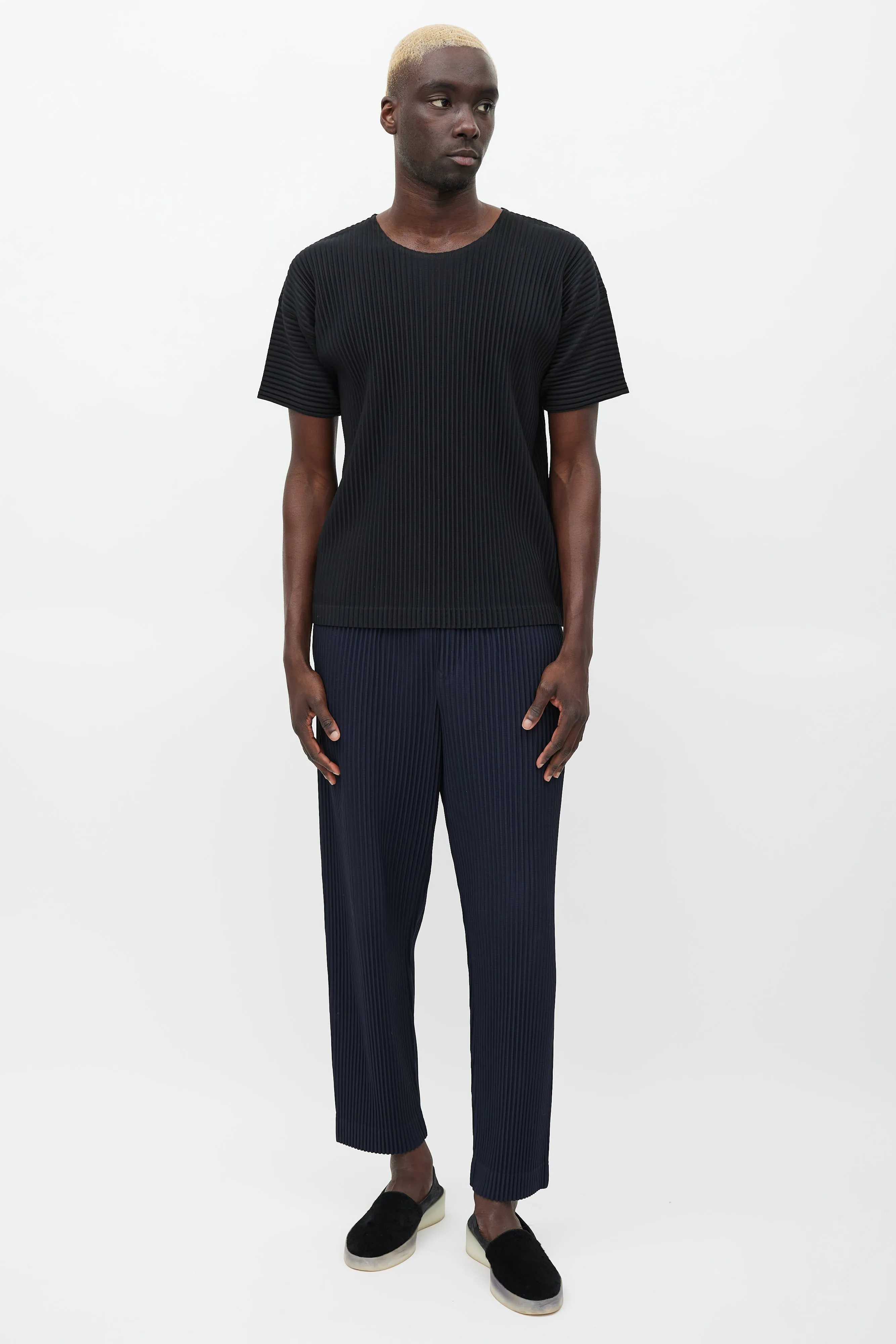Black Pleated Crewneck T-Shirt
