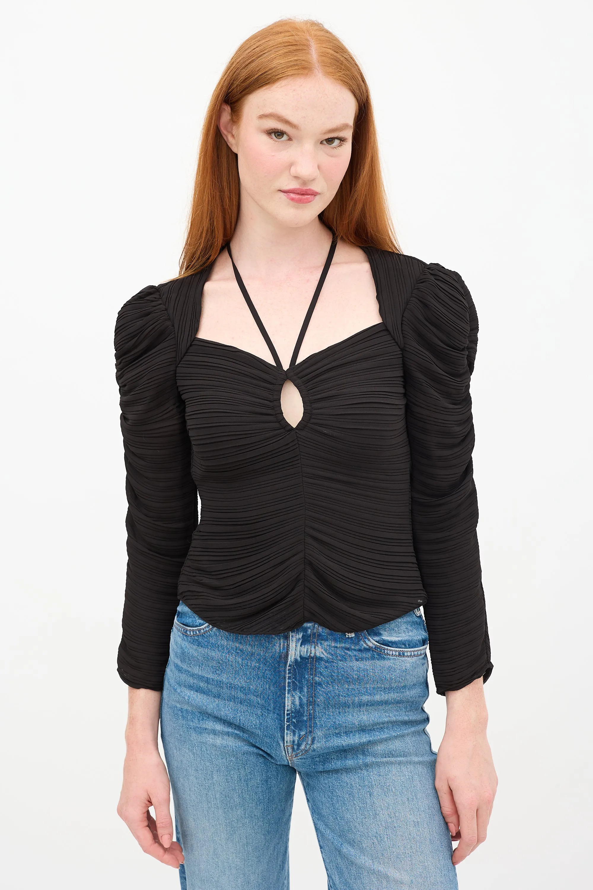 Black Plissé Crepe Cutout Top