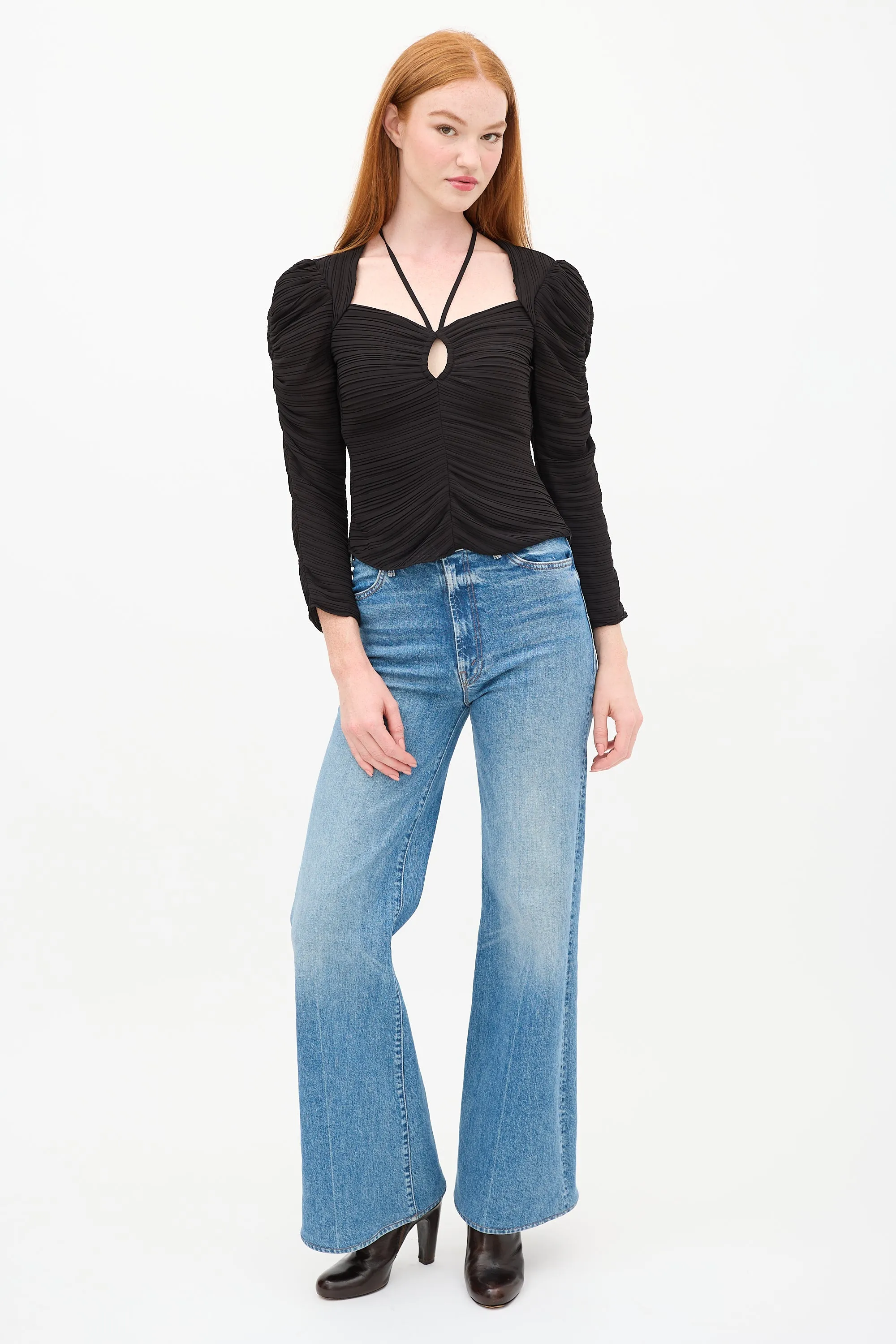 Black Plissé Crepe Cutout Top