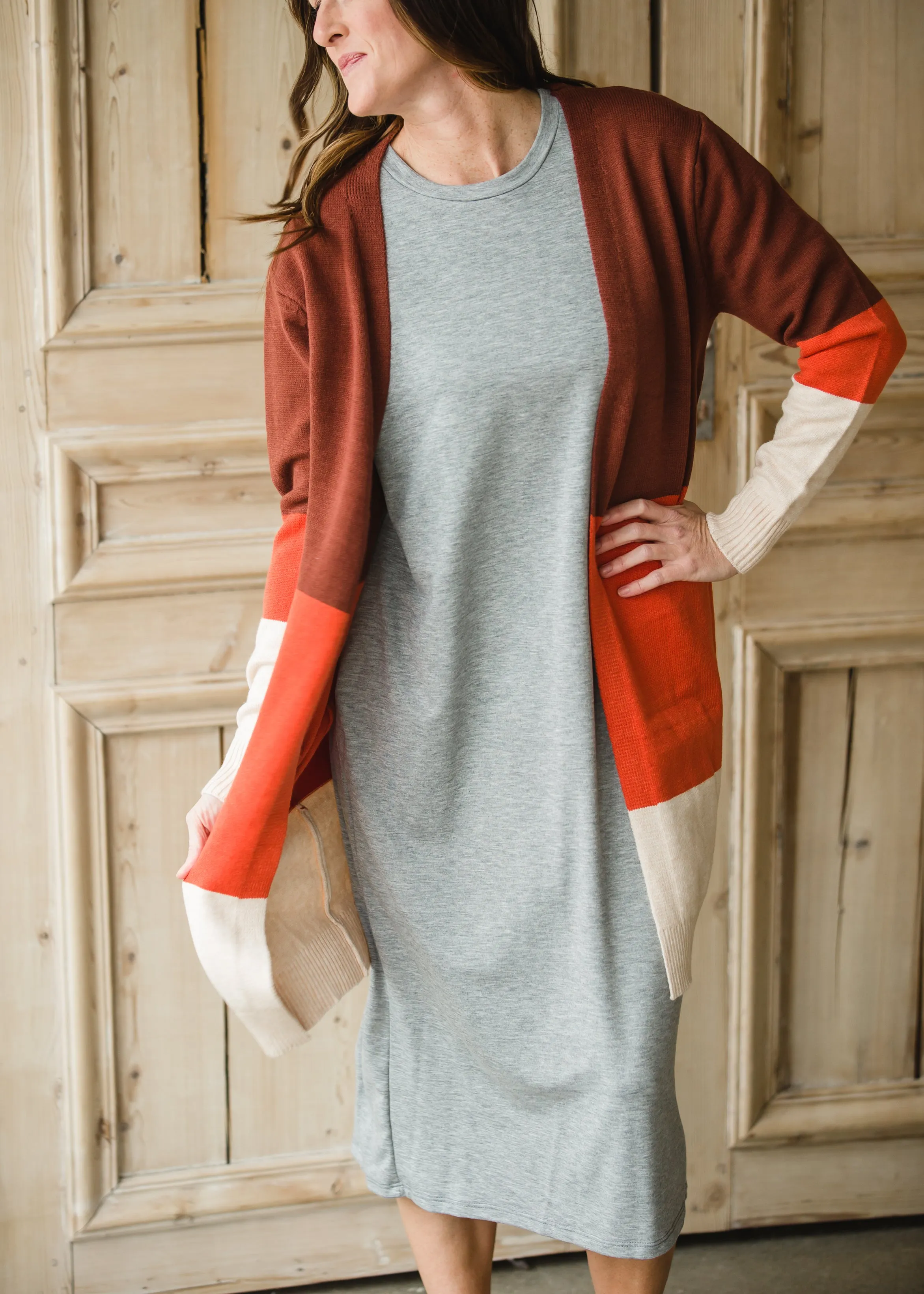 Burgundy   Rust Color Block Cardigan - FINAL SALE