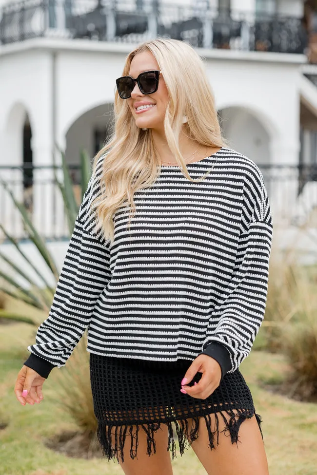 Caught My Eye Black And Ivory Striped Knit Pullover