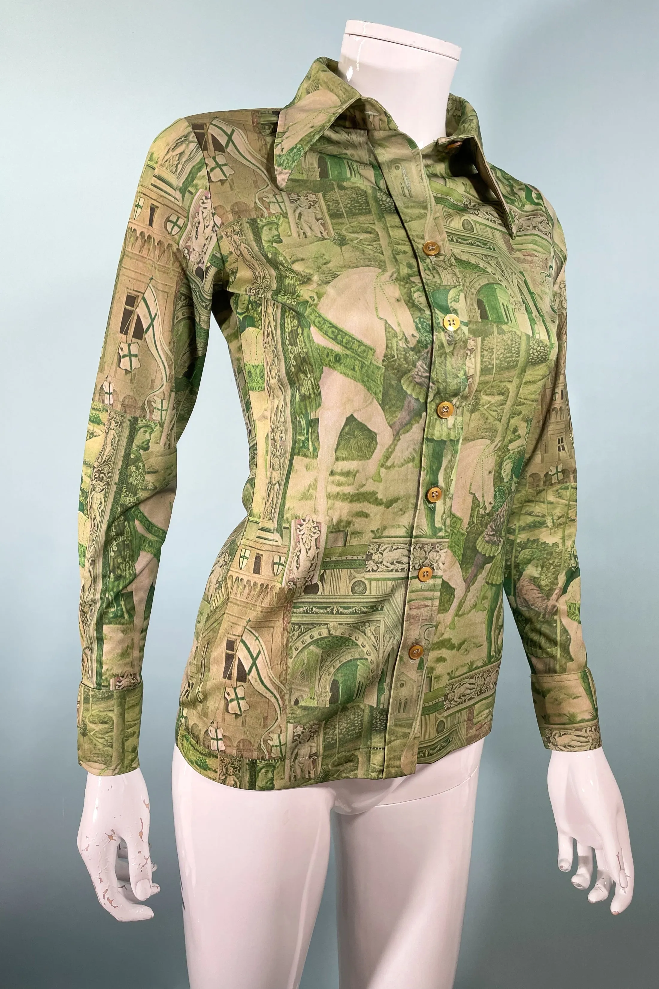 Disco 70s Renaissance/Castles Novelty Print Blouse, East by Jason Silverstein XS