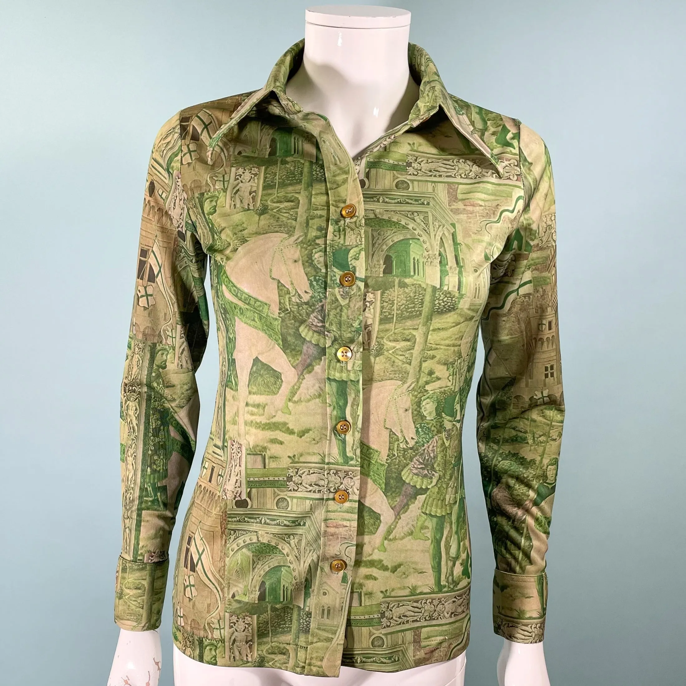 Disco 70s Renaissance/Castles Novelty Print Blouse, East by Jason Silverstein XS