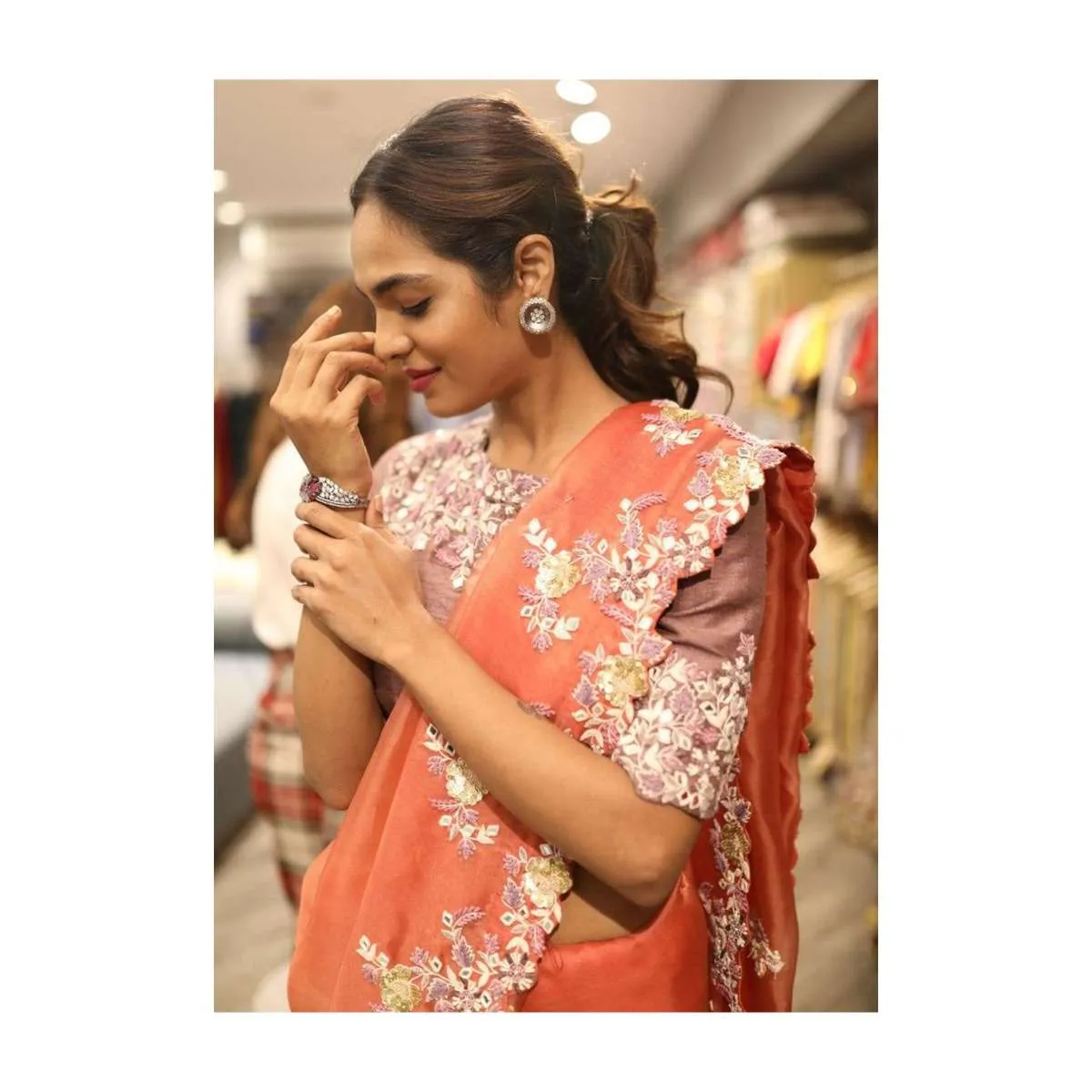 Floral Patterned Magenta Crystals Gunmetal Grey Bracelet With Stone, Crystal And Bugle Beads Online - Kalki Fashion