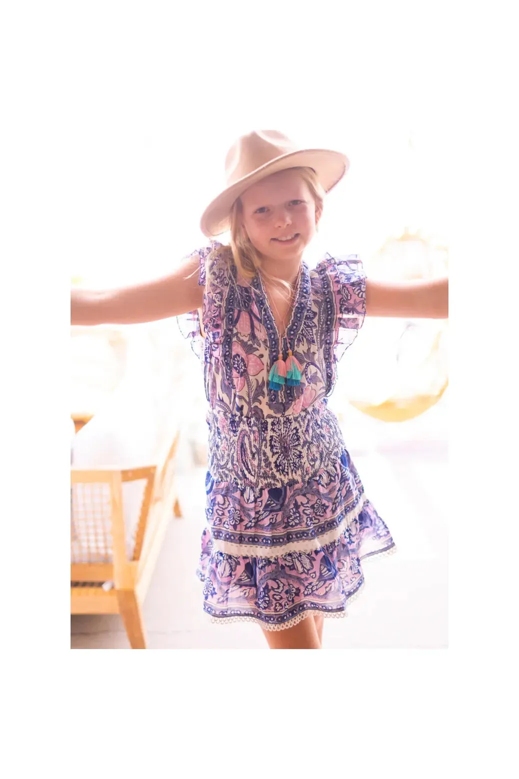 Girls Blue and Pink Floral Ruffle Sleeve Top