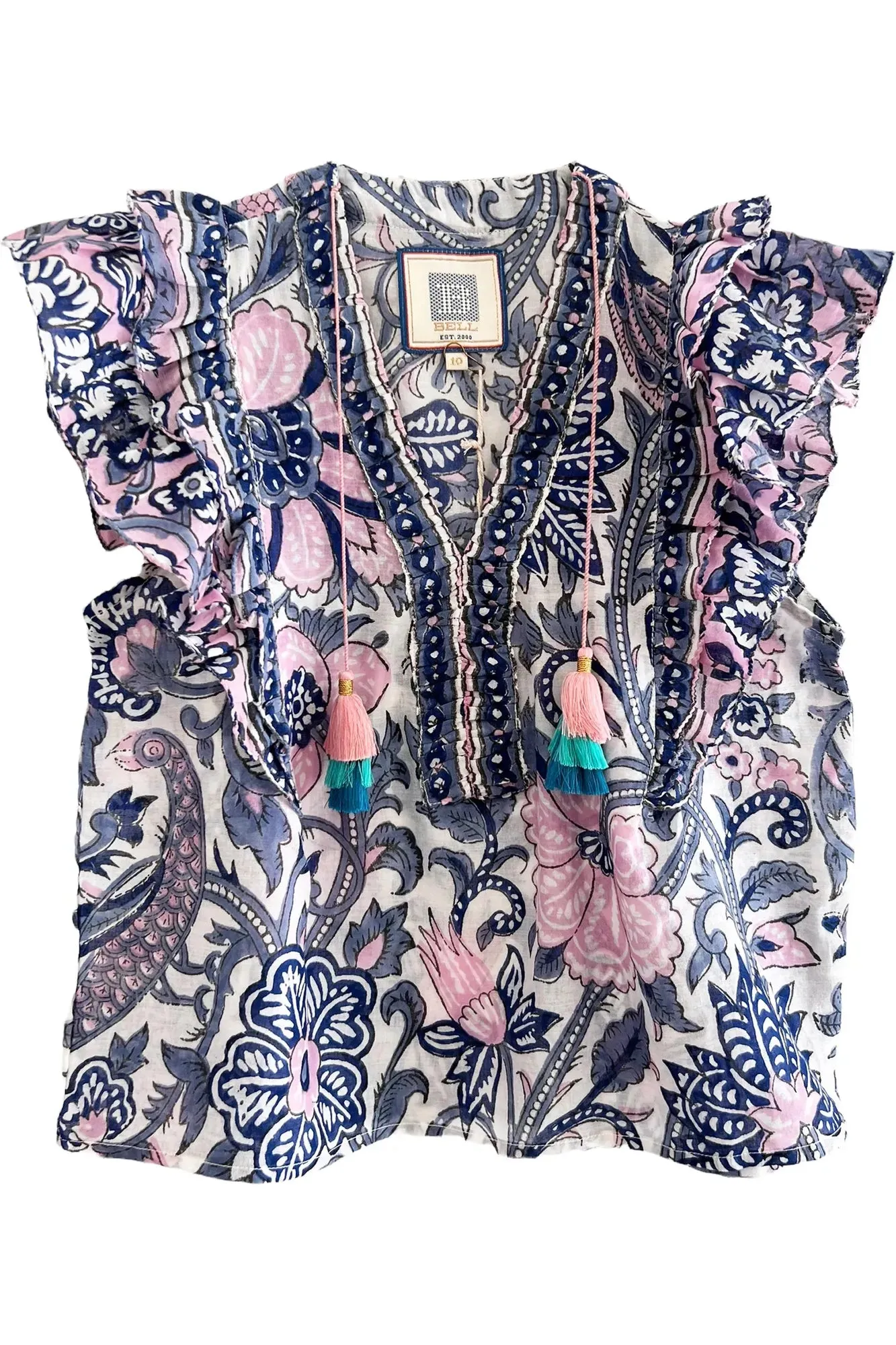 Girls Blue and Pink Floral Ruffle Sleeve Top