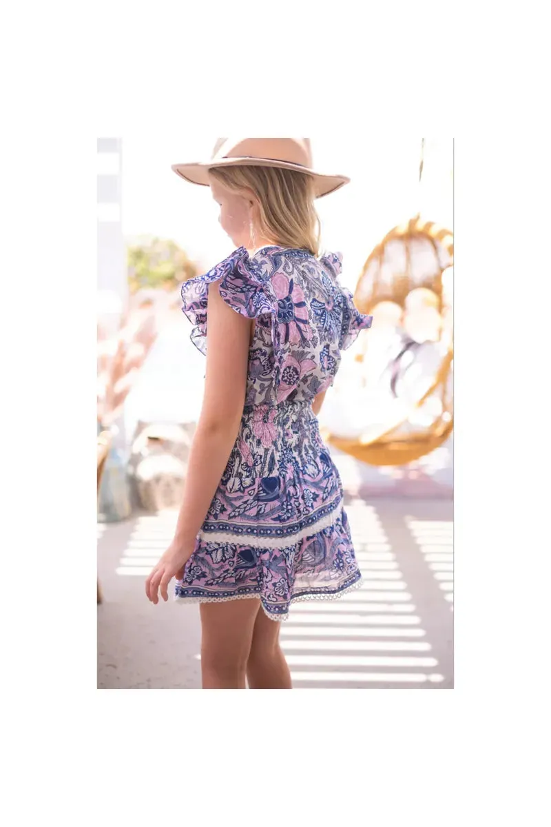 Girls Blue and Pink Floral Ruffle Sleeve Top