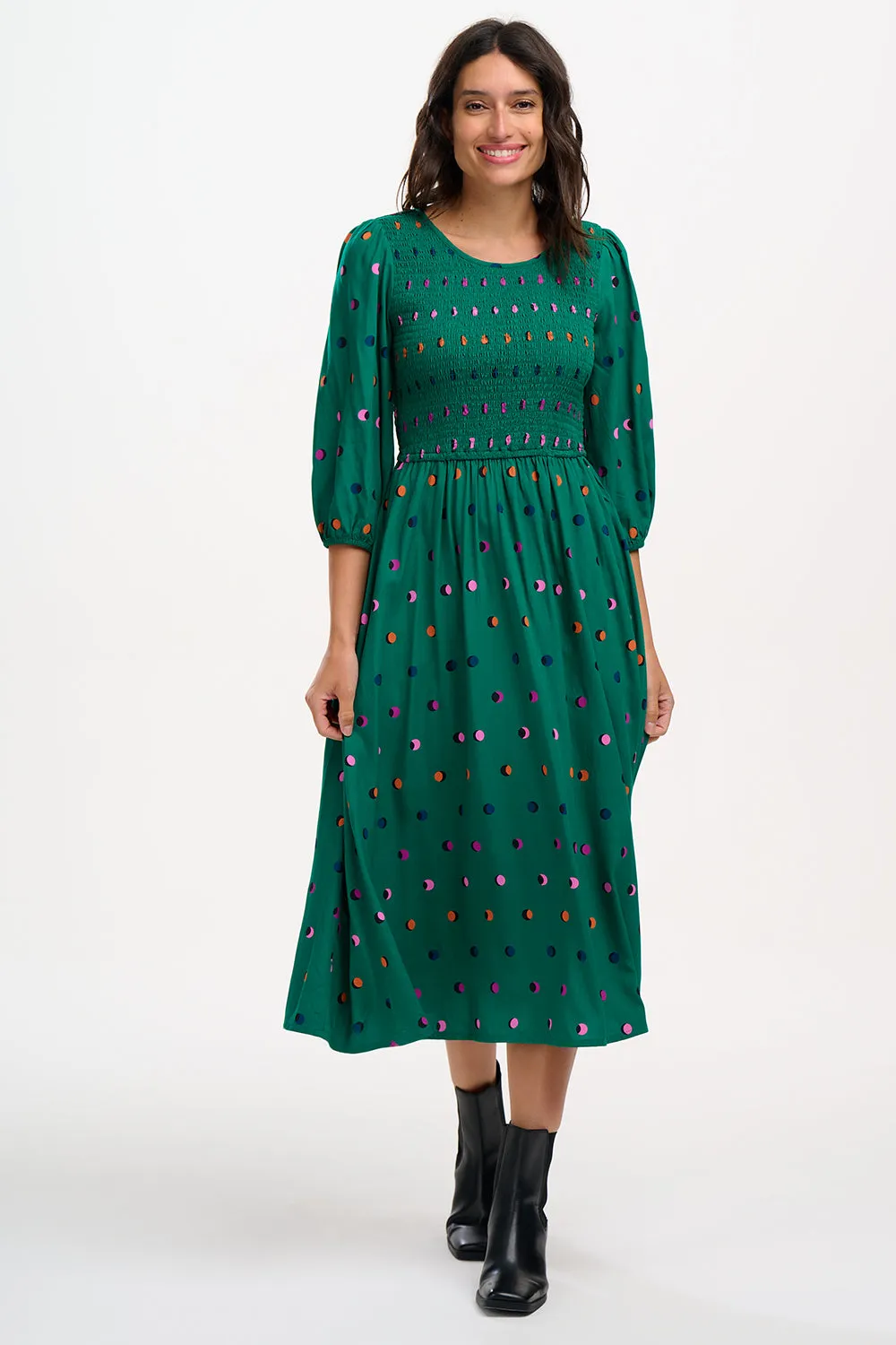 Gretel Midi Shirred Dress - Green, Rainbow Shadow Polka