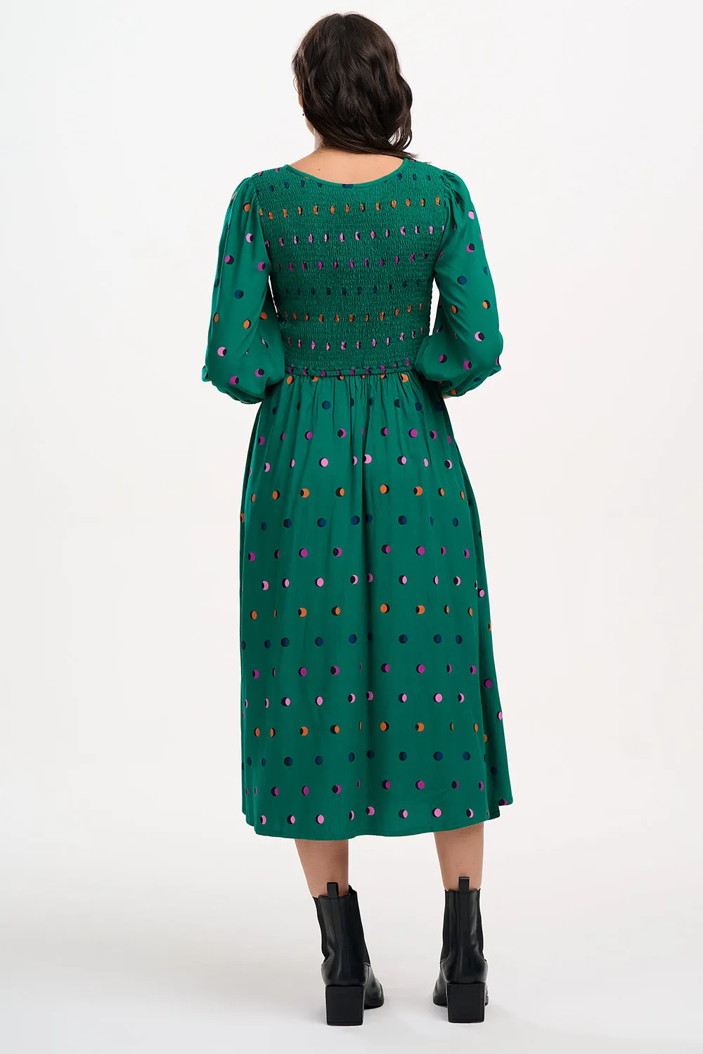 Gretel Midi Shirred Dress - Green, Rainbow Shadow Polka