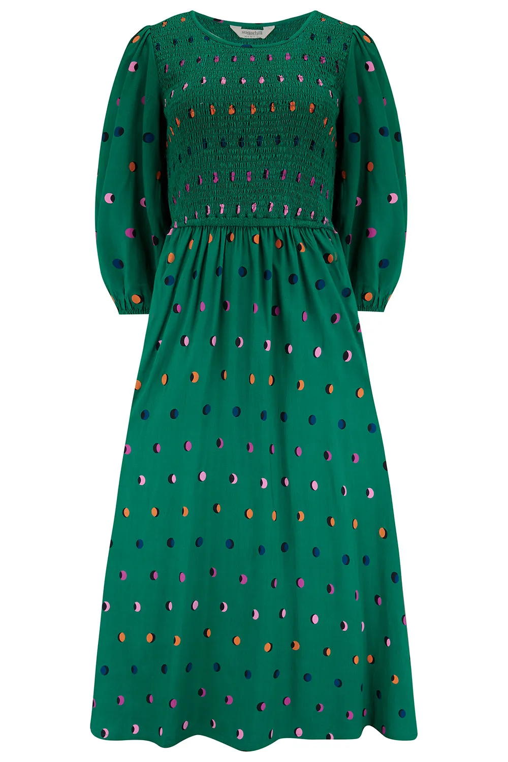 Gretel Midi Shirred Dress - Green, Rainbow Shadow Polka