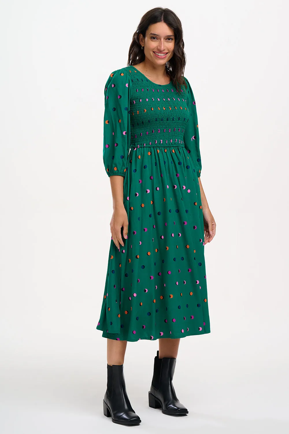 Gretel Midi Shirred Dress - Green, Rainbow Shadow Polka