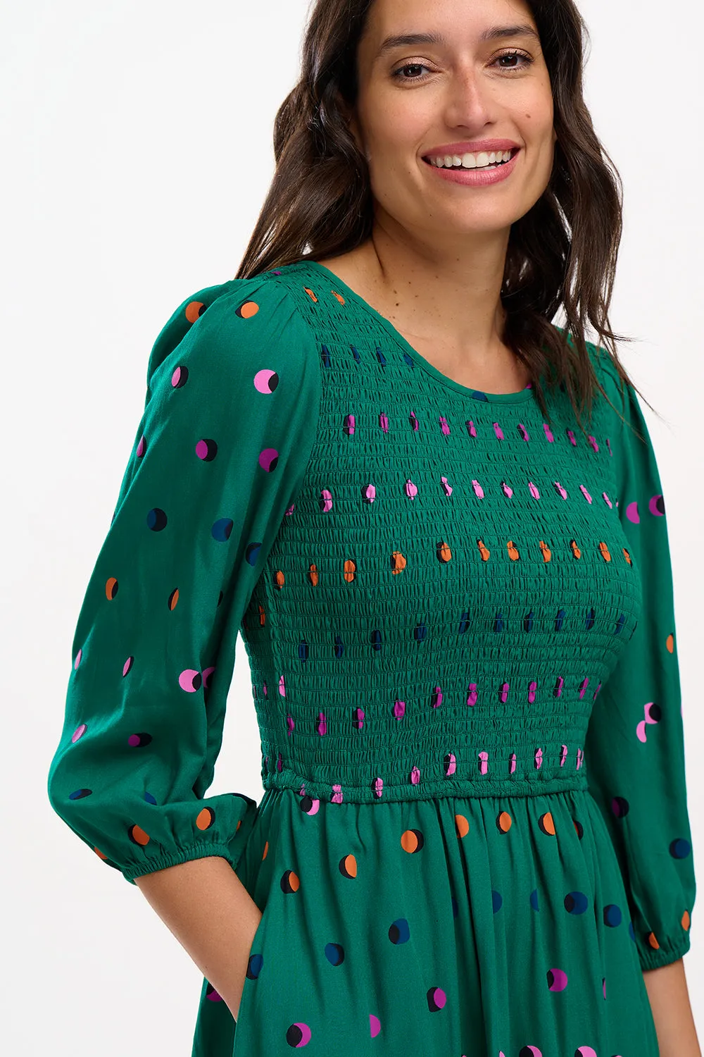 Gretel Midi Shirred Dress - Green, Rainbow Shadow Polka