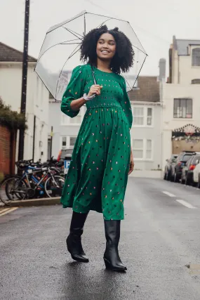 Gretel Midi Shirred Dress - Green, Rainbow Shadow Polka