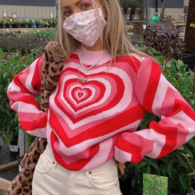 Hulianfu  Women Fashion Pink Love Heart Print Sweater Female Casual Loose Long Sleeve O-neck Knitted Pullover for Autumn Winter
