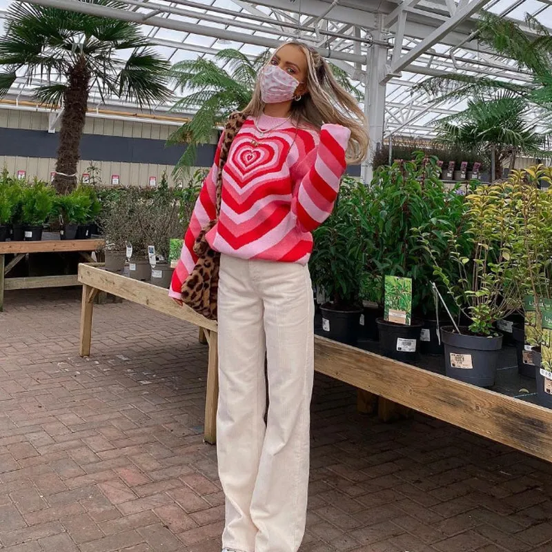 Hulianfu  Women Fashion Pink Love Heart Print Sweater Female Casual Loose Long Sleeve O-neck Knitted Pullover for Autumn Winter