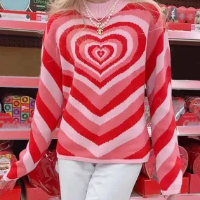 Hulianfu  Women Fashion Pink Love Heart Print Sweater Female Casual Loose Long Sleeve O-neck Knitted Pullover for Autumn Winter
