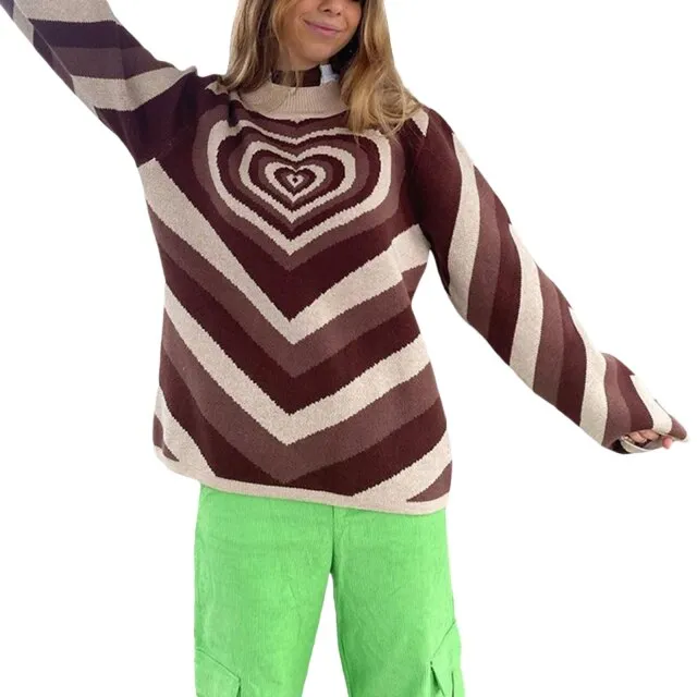 Hulianfu  Women Fashion Pink Love Heart Print Sweater Female Casual Loose Long Sleeve O-neck Knitted Pullover for Autumn Winter