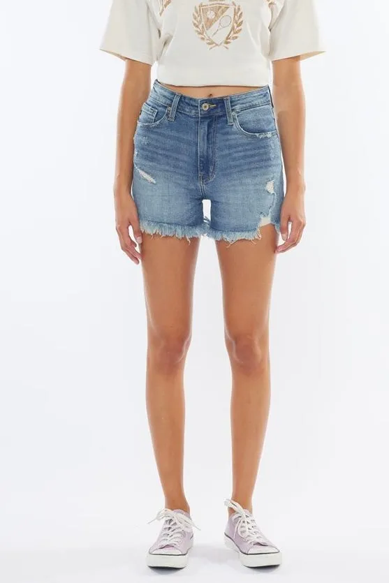 KanCan High Rise Frayed Distressed Shorts- Medium Wash