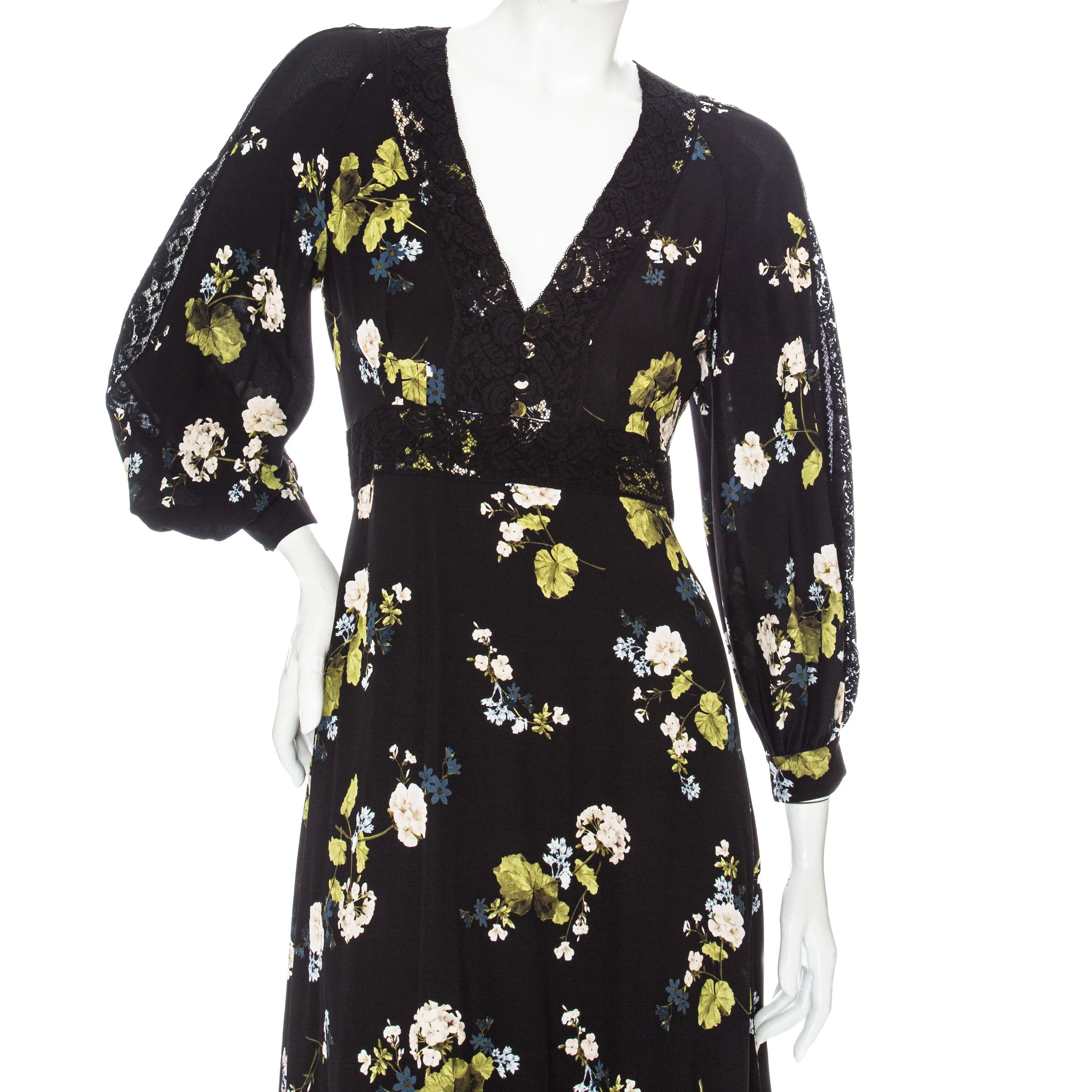 Magdalene Black Silk Floral-Print Long Sleeve Midi Dress