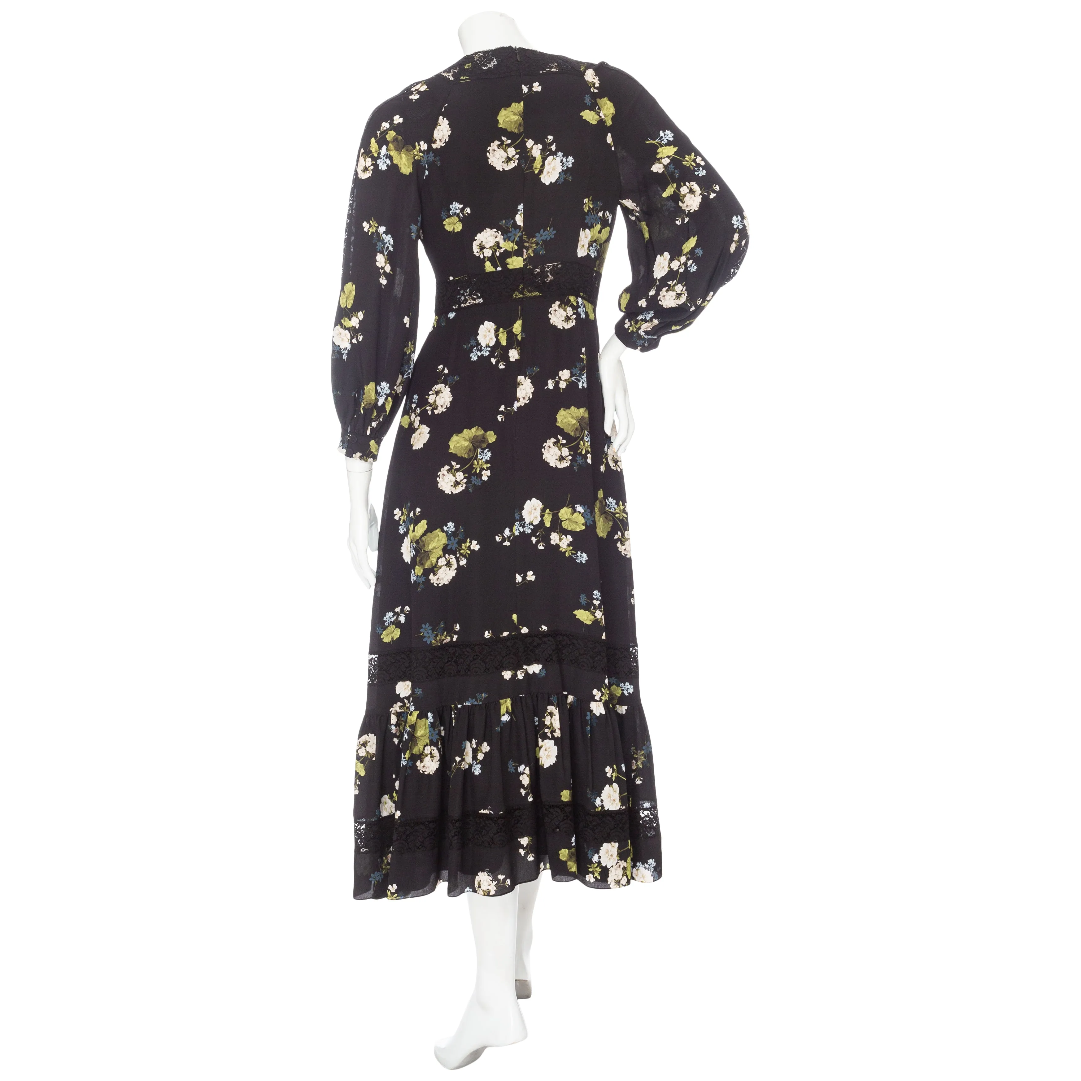 Magdalene Black Silk Floral-Print Long Sleeve Midi Dress