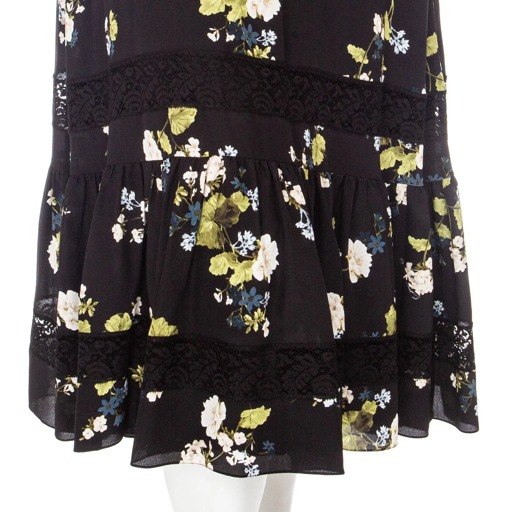 Magdalene Black Silk Floral-Print Long Sleeve Midi Dress