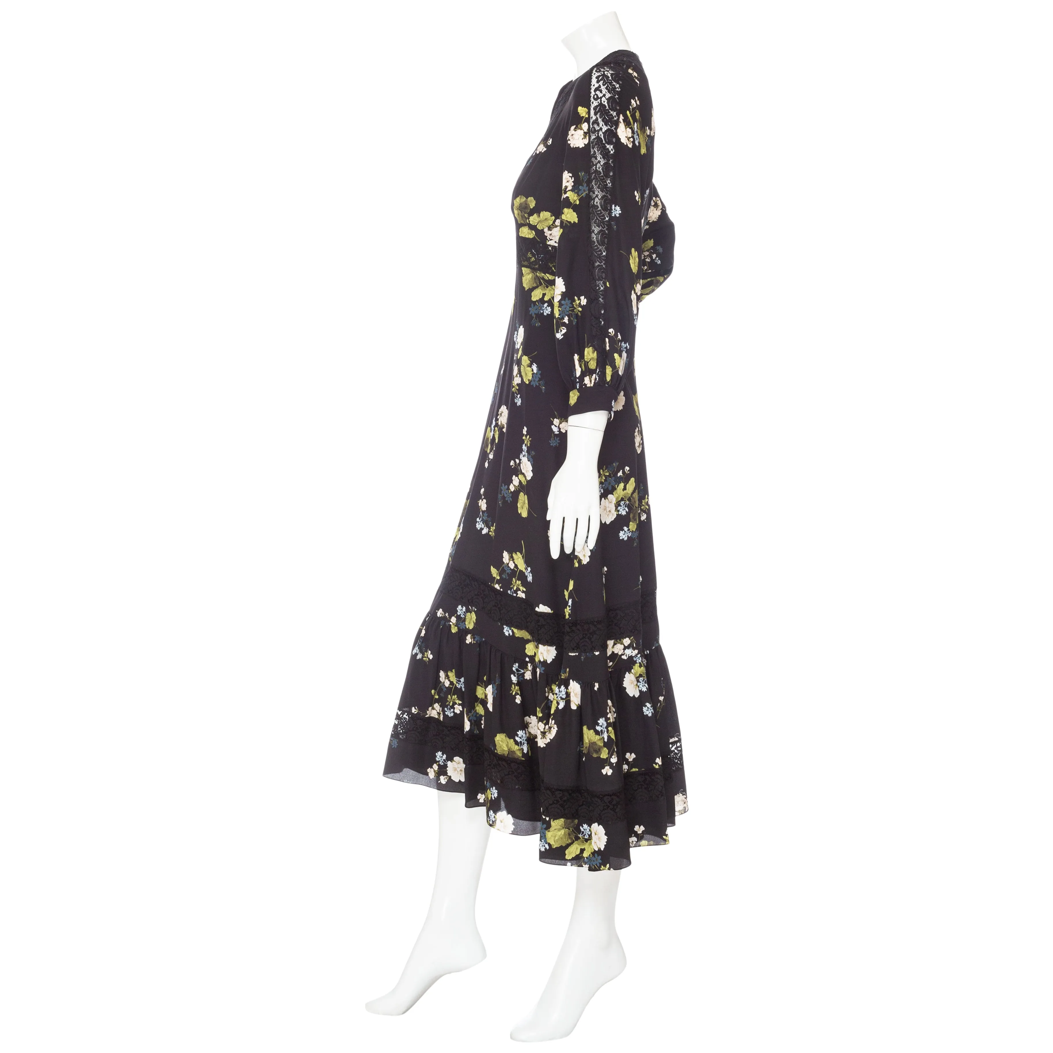 Magdalene Black Silk Floral-Print Long Sleeve Midi Dress