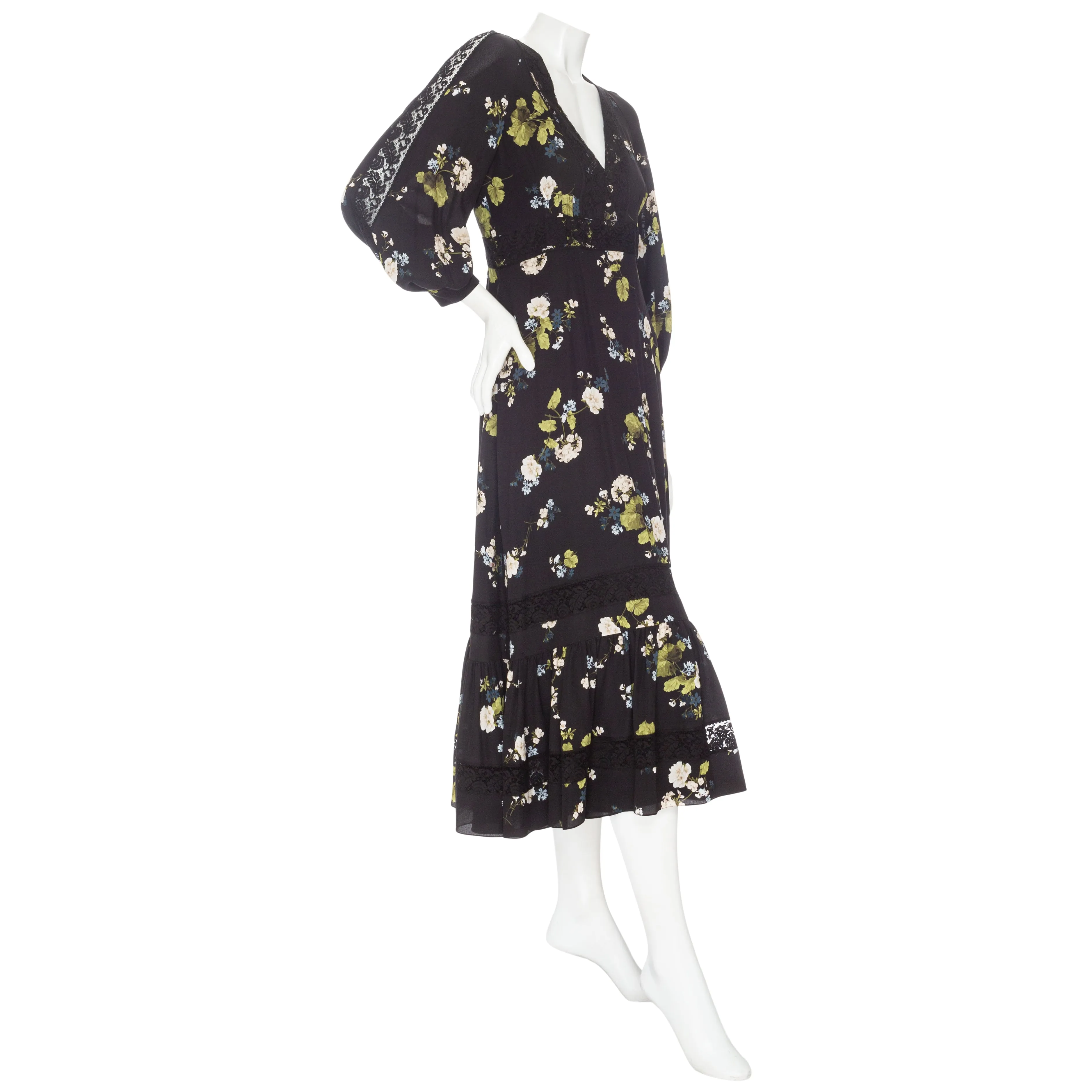 Magdalene Black Silk Floral-Print Long Sleeve Midi Dress
