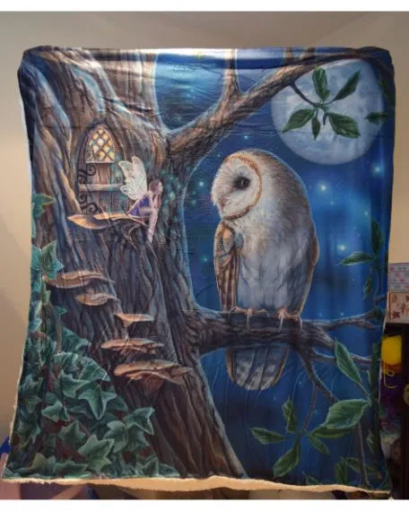 Nemesis Now Fairy And Owl Print Warm Blanket for Bed Couch Living Room