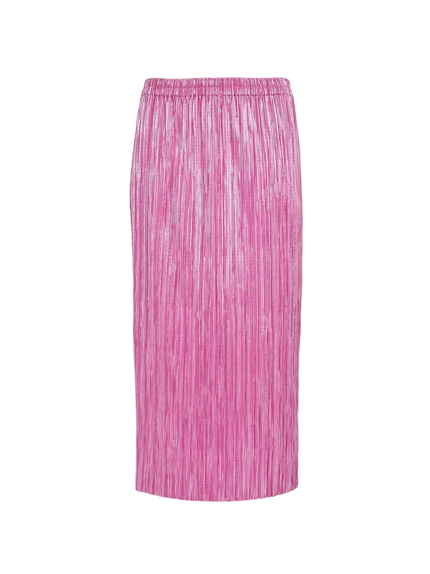 NONA - Jupe midi droite taille élastiquée en tissu plissé effet métallisé Fuchsia