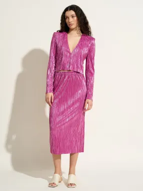 NONA - Jupe midi droite taille élastiquée en tissu plissé effet métallisé Fuchsia