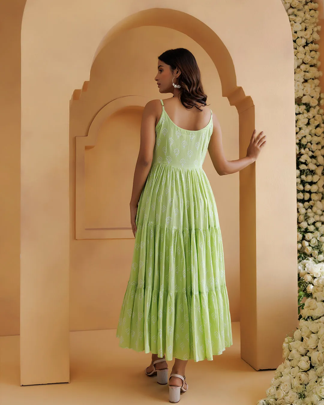 Qala Pista Green Hand Block Printed Tier Dress