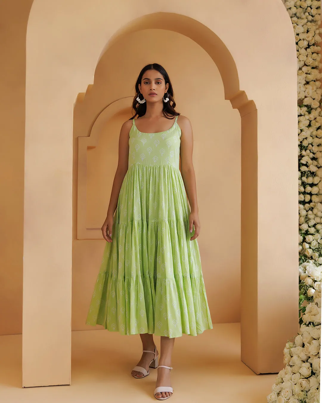Qala Pista Green Hand Block Printed Tier Dress
