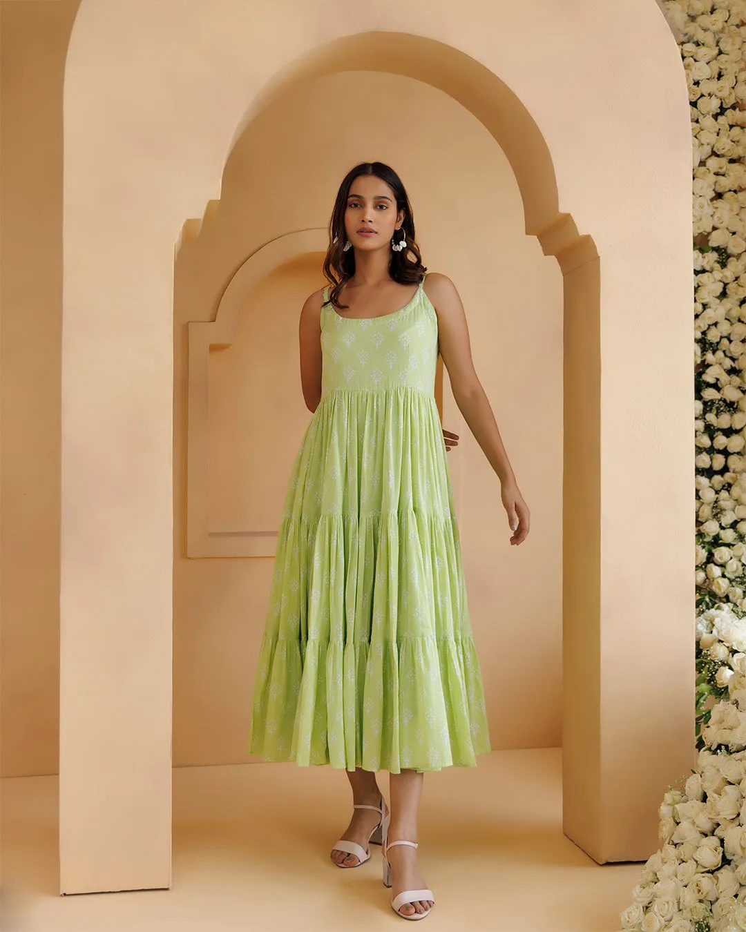 Qala Pista Green Hand Block Printed Tier Dress